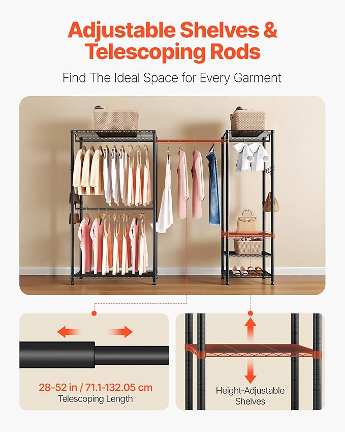 VEVOR Clothing Garment Rack, Heavy Duty Closet Wardrobe, Adjustable Tiers Clothes Racks with Steel Frame, for Bedroom, Clothing Store, Hallway
