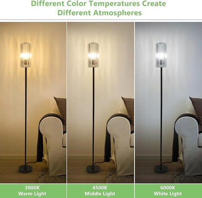HMVPL Black Floor Lamp for Living Room, Elegant Floor Lamp for Bedroom with K9 Crystal Shade, Modern Standing Lamp for Corner with On/Off Switch, Pole Tall Lamp for Nursery Office Home Decor