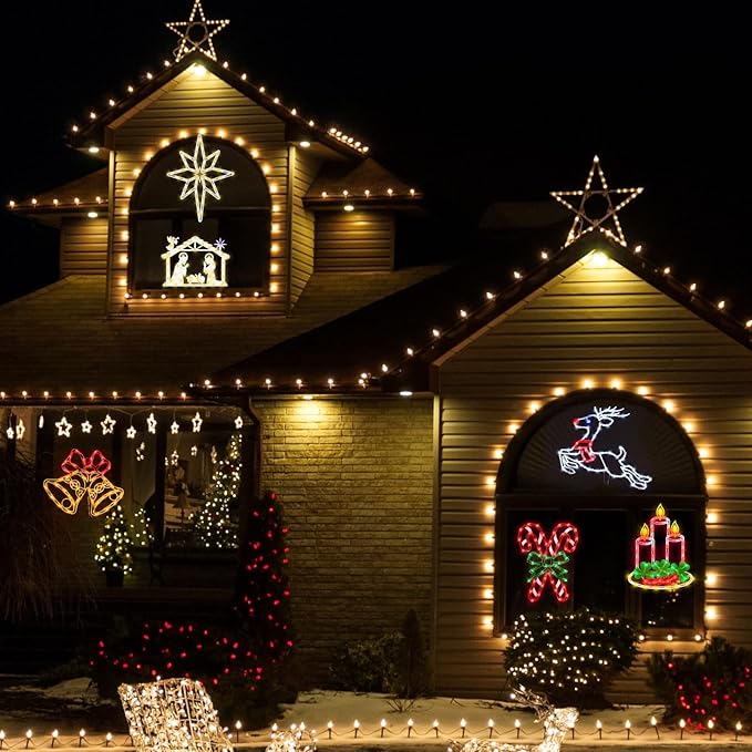 16" Christmas Window Silhouette Lights - 6 Pack Colour Lighted Bell & Candy Cane & Candle & Nativity & Bethlehem Star & Reindeer for Holiday Indoor and Outdoor Wall Door Window Decorate