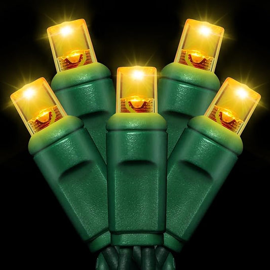25ft 50 Counts Yellow LED Christmas Lights - Commercial Grade Outdoor Waterproof, Wide Angle Green Wire, Xmas Tree Lights, IP65, UL