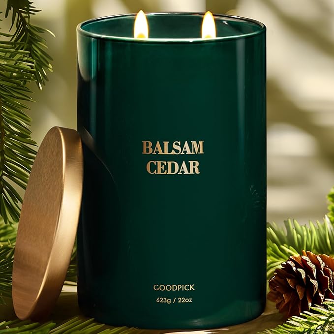 Goodpick Balsam Cedar Candle 22 oz, Pine Candles for Home Scented, Winter Candle for Classic Luxury Aromatherapy, Big Green Soy Candles, Large Jar Candle Gifts for Christmas, Birthday, Men, 2 Wicks