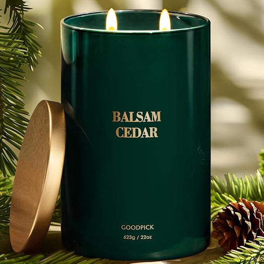 Goodpick Balsam Cedar Candle 22 oz, Pine Candles for Home Scented, Winter Candle for Classic Luxury Aromatherapy, Big Green Soy Candles, Large Jar Candle Gifts for Christmas, Birthday, Men, 2 Wicks