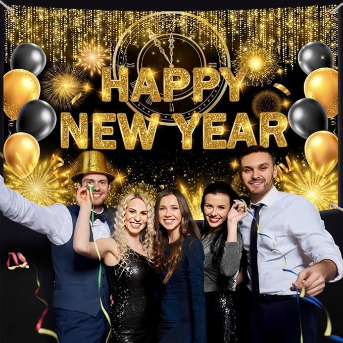 Black Gold Happy New Year Backdrop 2026 Kiss Me at Midnight Photography Background Cheers to The New Year Eve Hello 2026 Party Decorations Firework New Years Banner Photo Props 8x6ft