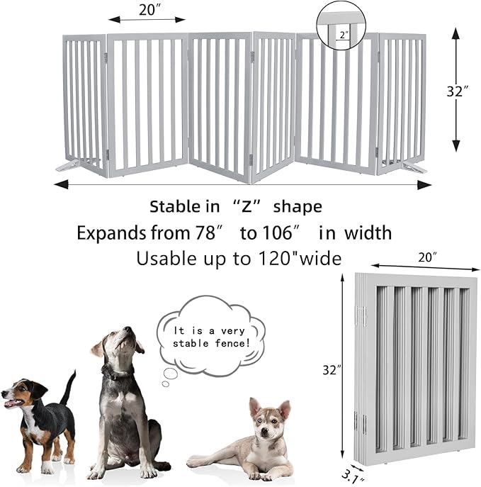Dog Gate Indoor, Freestanding Dog Fence for The House, Doorways, Hallways,or Stairs,Pet Gate Foldable Wooden,Expandable 32" Height 6 Panels,Grey