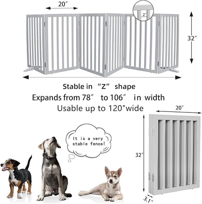 Dog Gate Indoor, Freestanding Dog Fence for The House, Doorways, Hallways,or Stairs,Pet Gate Foldable Wooden,Expandable 32" Height 6 Panels,Grey