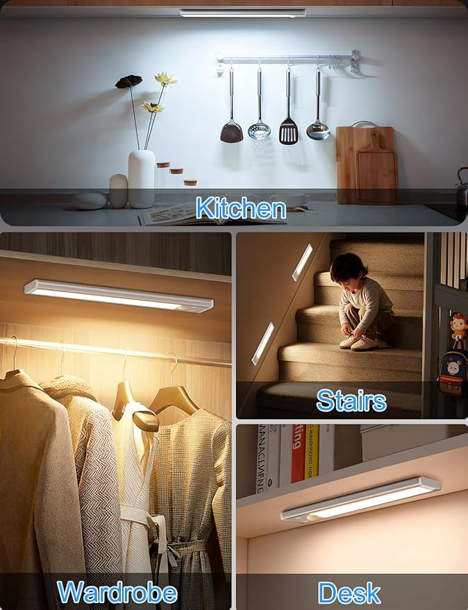12in Under Cabinet Lighting with Charging Station, 2500mAh Rechargeable Wireless Motion Sensor Lights Indoor,Closet Lights with 3 Color Tempers, Battery Operated Cabinet Lights for Kitchen, 6-Pack