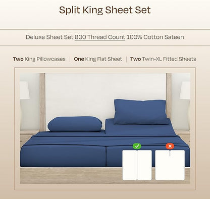 California Design Den Split King Sheets Sets for Adjustable Bed - Luxury Hotel 800 Thread Count Sateen, Natural 100% Cotton Bed Sheets, Deep Pockets with Anti-Skid Elastic, Cool & Durable - Navy Blue