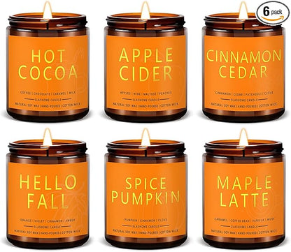Fall & Christmas Candles, Soy Candles Set - 7Oz * 6 Pack, Holiday/Birthday/Christmas Gifts for Women & Men, Autumn Scents of Hello Fall/Spice Pumpkin/Apple Cider/Hot CocoaCinnamon & Cedar/Maple Latte