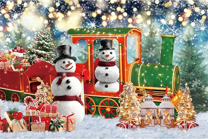 YongFoto Merry Christmas Backdrop 6x4ft Snow Scene Train Snowman Christmas Tree Gift Photography Background Happy New Year Xmas Eve Family Party Banner Room Decor Photoshoot Wallpaper Photo Booth