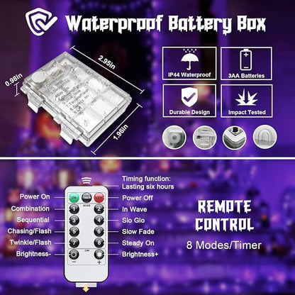 JMEXSUSS 2 Pack Halloween Fairy Lights Battery Operated, Total 200 LED 66ft Purple Christmas Lights with Remoter, 8 Modes Twinkle String Lights Light for Halloween Tree Indoor Outdoor Decorations