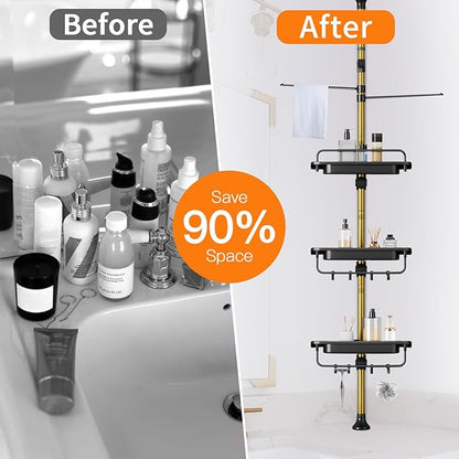 Upgrade Sturdy Shower Caddy Tension Pole Black and Gold Corner Shower Caddy 18/8 Stainless Steel Rustproof 4 Tier Adjustable Shelves for Bathtub Shampoo Accessories Storage Rack 32-122inch