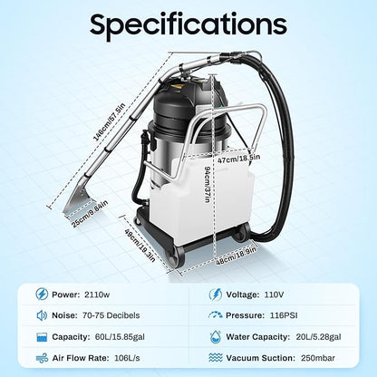 LOYALHEARTDY Carpet Cleaner Machine, 3 in 1 Portable Wet Dry Sofa Curtain Fabric Dust Cleaner,60L Commercial Floor Cleaning Machines with Long Flat/Dry/Water Vacuum Head and Round Brush