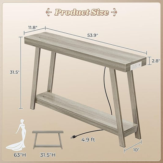 Huuger Console Table with Charging Station, USB-C Port, 2 Tiers Entryway Table, 53.9 Inch Sofa Table with Metal Legs, Entry Hallway Table with Thicker Desktop, Modern Behind Couch Table, Grey