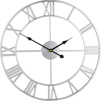 LEIKE 24" Modern Large Wall Clocks,Vintage, Round,Silent Non Ticking,Battery Operated,Silver Metal Roman Numerals Clock for Living Room/Bedroom/Kitchen Decor