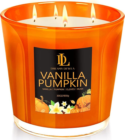 Large Candle Vanilla Pumpkin Scented, 4 Wick Natural Soy Candles for Home Scented, 30oz Big Candle Long Lasting, Home Aromatherapy Candles Housewarming Valentine's Day Gift for Women Men