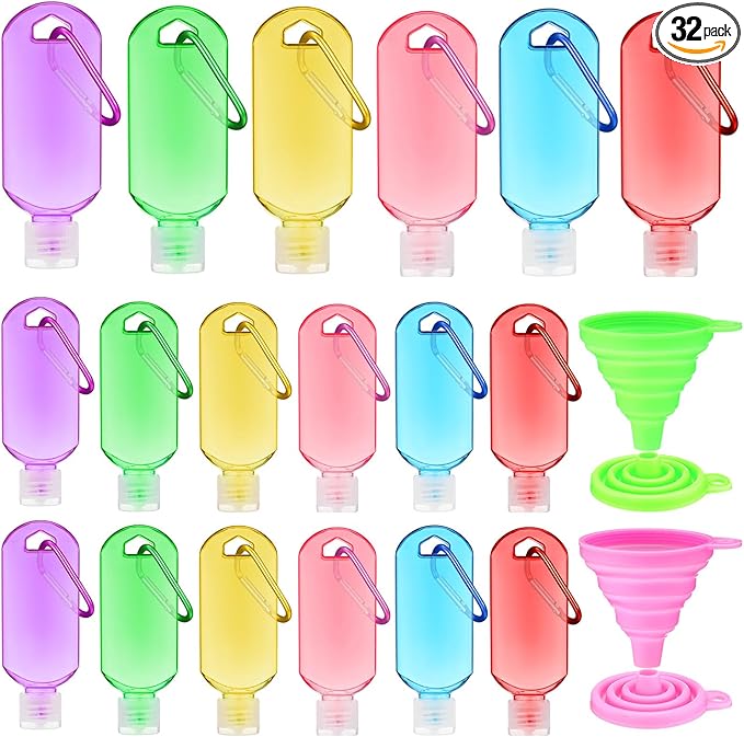 32 Pcs Travel Bottles with Keychain Empty Hand Sanitizer Bottles with Keychain 2oz 60ml Portable Colorful Plastic Leakproof Refillable Containers for Toiletry Home Office Outdoor