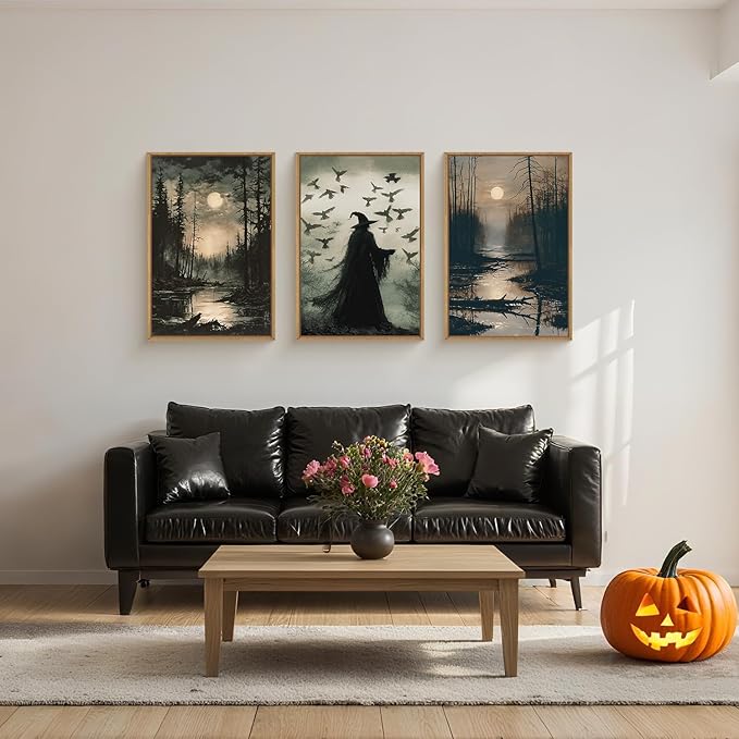 HLNIUC Large Halloween Decor Indoor, Witch Gothic Vintage Framed Wall Art 3pcs (16x24),Black Raven Dark Academia Pictures, Moody Moon Forest Spooky Canvas Painting for Living Room, Bedroom, Office
