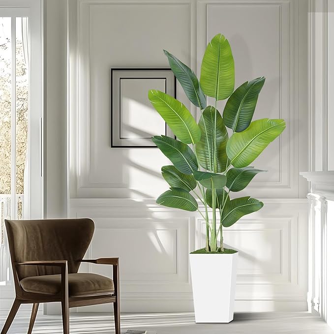 Lifelike Bird of Paradise Artificial Plant 7ft Faux Banana Leaf Tree with White Tall Planter for Home Decor - Perfect Indoor Silk Floor Plant for Living Room, Office, and Bedroom Ambiance Enhancement