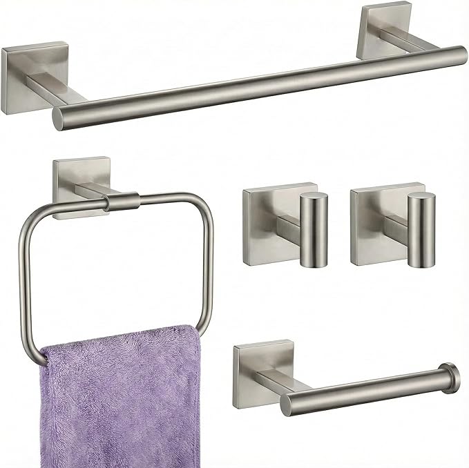 16" Brushed Nickel Bathroom Hardware Set 5-Piece, Fingerprint-Free SUS304 Stainless Steel Towel Bar for Small Bath & RV, Modern Square Bath Accessories Kit (Brushed Nickel)