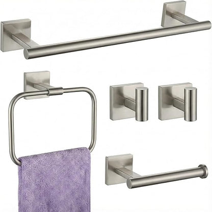 16" Brushed Nickel Bathroom Hardware Set 5-Piece, Fingerprint-Free SUS304 Stainless Steel Towel Bar for Small Bath & RV, Modern Square Bath Accessories Kit (Brushed Nickel)