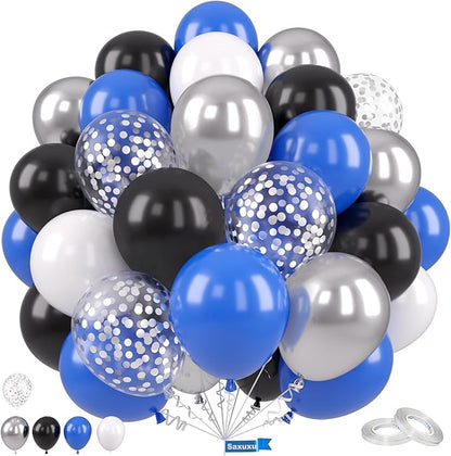 Blue and Black Balloons, 12 Inch Graduation Balloons, Dark Blue Black White Metallic Silver Confetti Latex Balloon for Boys Men Birthday Baby Shower Gender Reveal Graduation Party Decorations