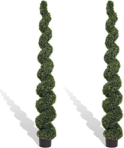THE BLOOM TIMES 7 Foot Large Spiral Topiary Trees Artificial Outdoor Set of 2, Faux Boxwood Plants Outside - All-Year Green Fake Tall Tree for Home Office Front Porch Planter Decor 7ft