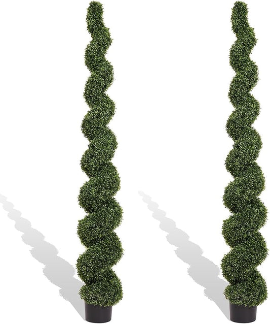 THE BLOOM TIMES 7 Foot Large Spiral Topiary Trees Artificial Outdoor Set of 2, Faux Boxwood Plants Outside - All-Year Green Fake Tall Tree for Home Office Front Porch Planter Decor 7ft