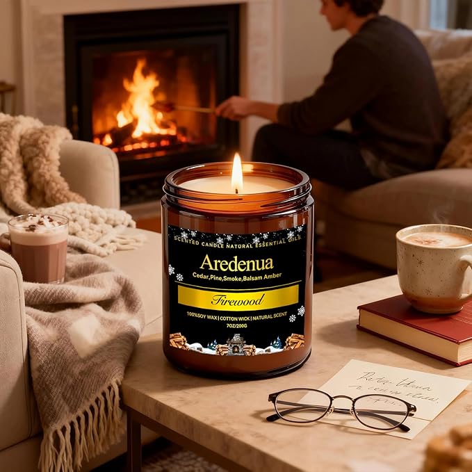 Winter Candles – Firewood Scented Candle | 7oz Soy Candles for Home Cozy Scented, Holiday Aromatherapy Candle | Winter Gifts for Women Men - 50H Clean & Long Lasting Burn