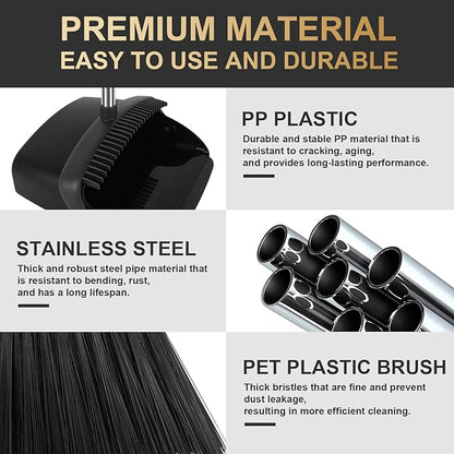 Upgraded Broom and Dustpan Set, 55" Long Handle Black Large Broom with Dustpan Combo Set，Self Cleaning Dustpan for Lobby Kitchen Office Restaurant