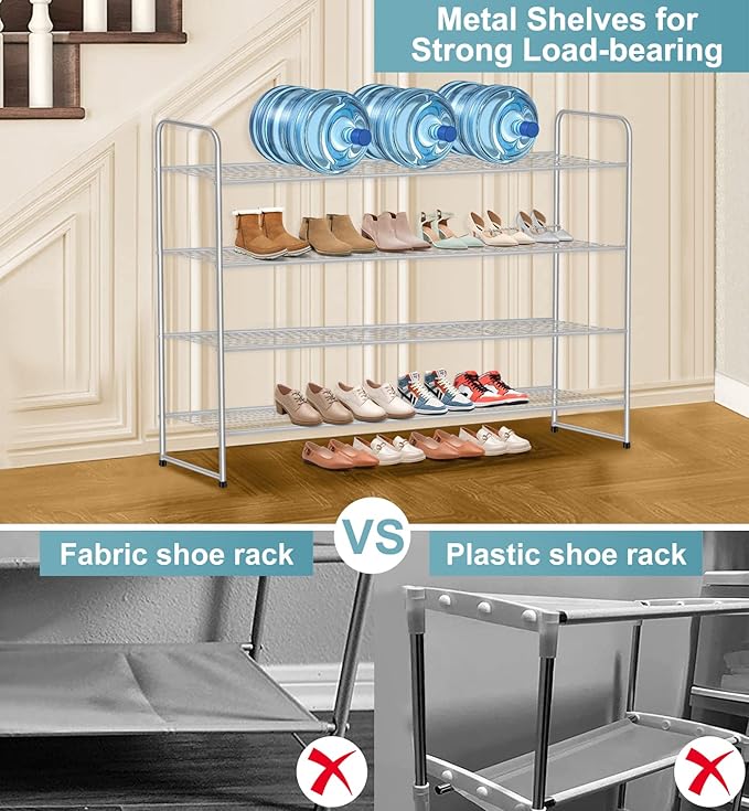 AOODA Long 4 Tier Shoe Rack for Closet Metal Wide Shoe Storage Organizer for Entryway, Bedroom, Floor, Holds 30 Pairs Men Sneakers Stackable Boot Shelf with Wire Grid, Grey