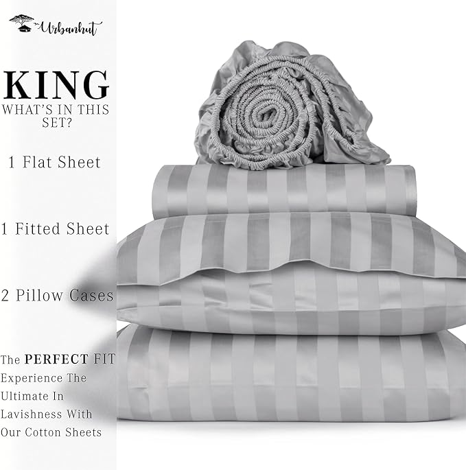 URBANHUT 800 Thread Count Egyptian Cotton Damask Striped King Size Sheets Set (4 Pc) - Ultra Soft & Smooth, Sateen Weave King Sheet, Luxury Hotel Sheets with 16" Deep Pocket - Silver Grey