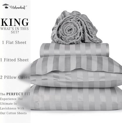 URBANHUT 800 Thread Count Egyptian Cotton Damask Striped King Size Sheets Set (4 Pc) - Ultra Soft & Smooth, Sateen Weave King Sheet, Luxury Hotel Sheets with 16" Deep Pocket - Silver Grey