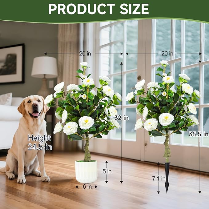 32'' Artificial Camellia Tree Outdoor Set of 2 Realistic Camellia Plant Indoor with Planters and Spikes for Wedding Front Porch Patio Office Living Room Home Decor