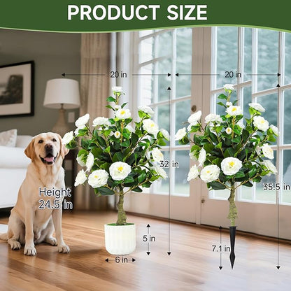 32'' Artificial Camellia Tree Outdoor Set of 2 Realistic Camellia Plant Indoor with Planters and Spikes for Wedding Front Porch Patio Office Living Room Home Decor