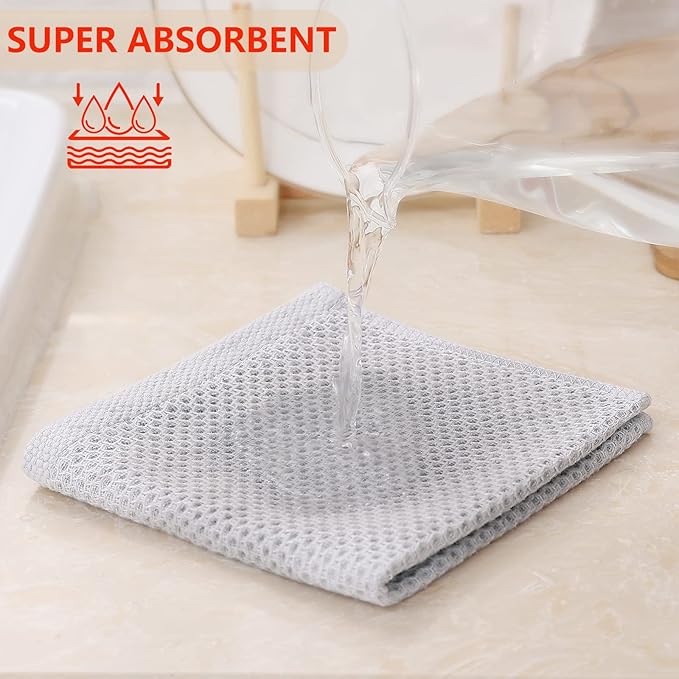 Kitinjoy 100% Cotton Kitchen Dish Cloths, 6 Pack Waffle Weave Ultra Soft Absorbent Dish Towels for Drying Dishes Quick Drying Kitchen Towels Dish Rags, 12 X 12 Inches, Light Grey