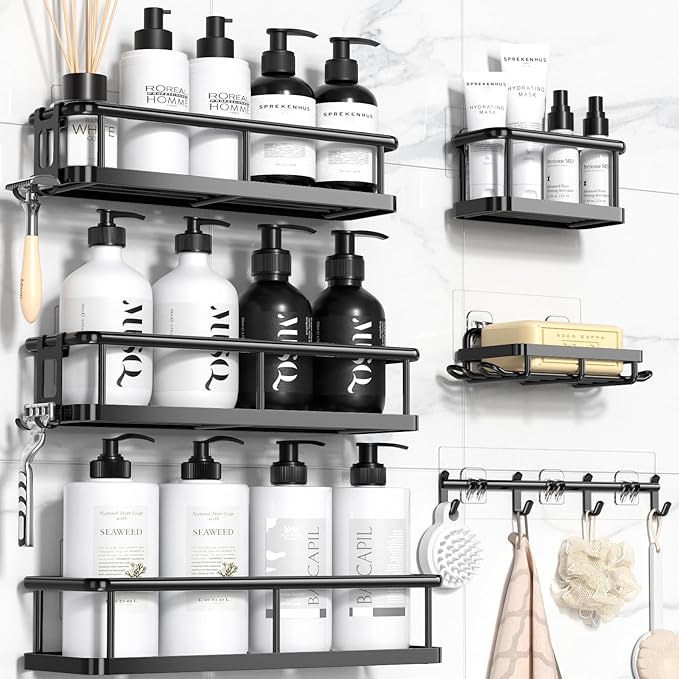 YASONIC Shower Caddy 6 Pack Rustproof Shower Organizer, Large Capacity Shower Shelves for Inside Shower, Bathroom Organizers and Storage with Soap Holder and 12 Hooks, Adhesive Shower Storage