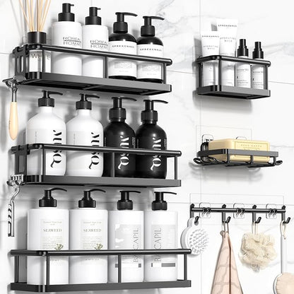 YASONIC Shower Caddy 6 Pack Rustproof Shower Organizer, Large Capacity Shower Shelves for Inside Shower, Bathroom Organizers and Storage with Soap Holder and 12 Hooks, Adhesive Shower Storage