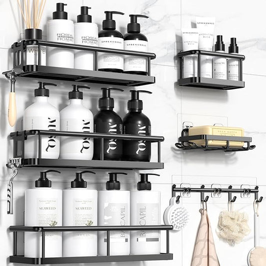 YASONIC Shower Caddy 6 Pack Rustproof Shower Organizer, Large Capacity Shower Shelves for Inside Shower, Bathroom Organizers and Storage with Soap Holder and 12 Hooks, Adhesive Shower Storage