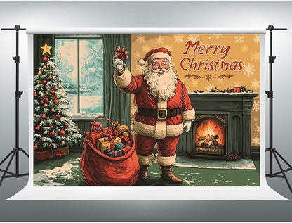 YongFoto Retro Merry Christmas Backdrop 10x8ft Santa's Home Christmas Tree Fireplace Photography Background Happy New Year Xmas Eve Family Party Banner Room Decor Photoshoot Wallpaper Photo Booth