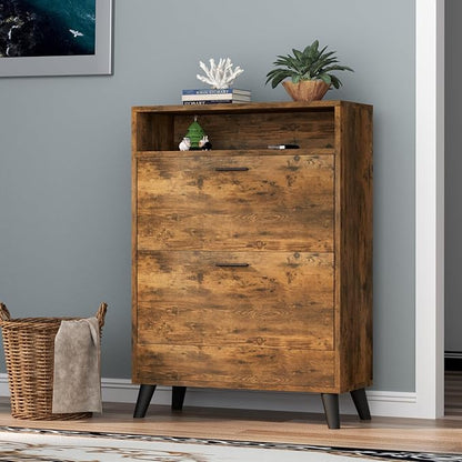 Shoe Storage Cabinets, 16 Pairs Free Standing Shoe Organizer with 2 Flip Drawers for Entryway, Narrow 3 Tier Entryway Hidden Shoe Rack with Doors (Rustic)