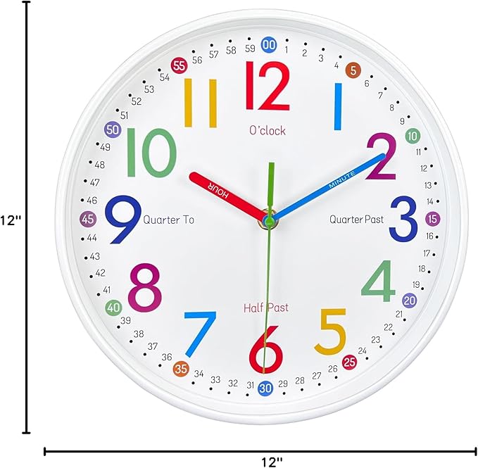 AIRUIFU Learning Clock for Kids-Silent Analog Clock for Bedrooms-Kids Room Decor-12 Inches Colorful Wall Clock Helps Kids Easier to Tell Time