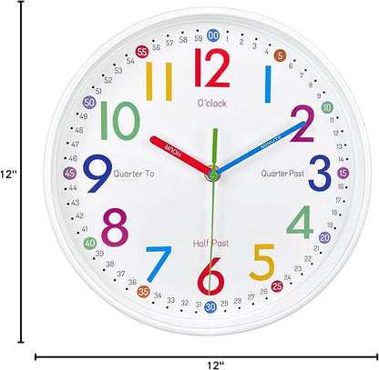 AIRUIFU Learning Clock for Kids-Silent Analog Clock for Bedrooms-Kids Room Decor-12 Inches Colorful Wall Clock Helps Kids Easier to Tell Time