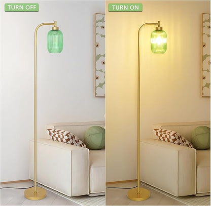 Glass Floor Lamp for Living Room, Modern Gold Standing Lamp with LED Bulb, Green Stripe Glass Shade, Foot Switch, Vintage Brass Tall Lamp, Minimalist Corner Pole Lamp for Bedroom Office