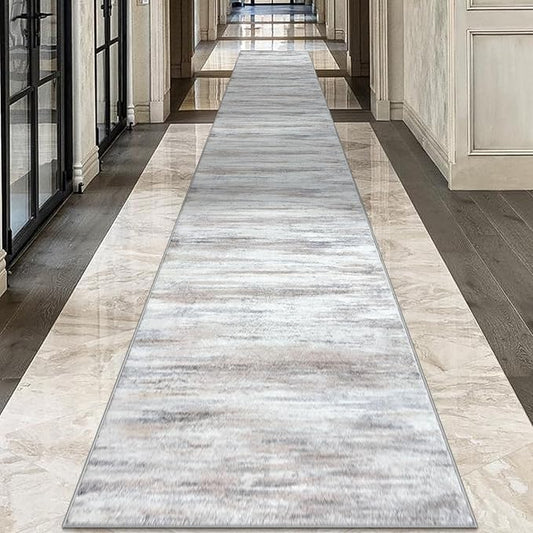 KOZYFLY Modern Abstract Kitchen Runner Rug, 2.6x18 Washable Rug Runner Non-Slip Soft Striped Hallway Runner Rugs, Beige Print Carpet Runner for Entryway Bathroom Laundry Room Foyer