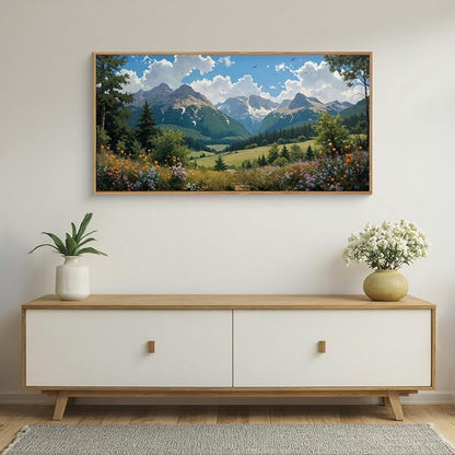 HLNIUC Green Forest Mountain Landscape horizontal Wall Art Framed, Colorful Wildflower Nature Decor(20x40), Blue Sky White Cloud Canvas Painting, Woodland Tree Print for Living Room, Bedroom, Office
