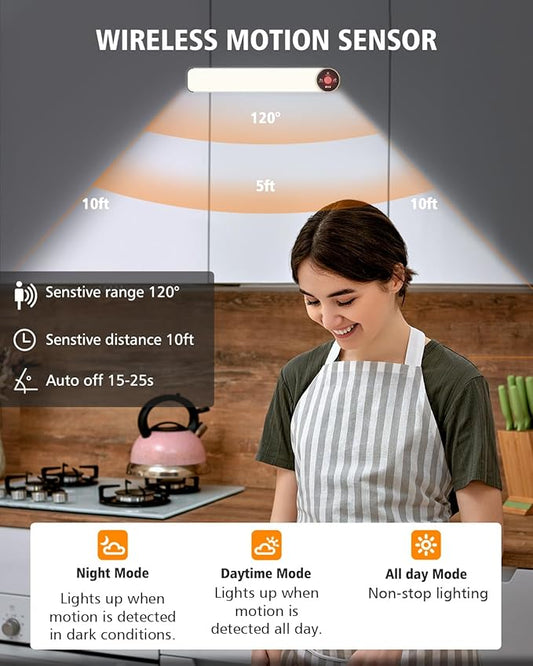 50 LED Motion Sensor Under Cabinet Lighting, 3-Color Dimmable, Rechargeable 1600mAh Battery, Digital Display, 10 Inch Wireless Closet Lighting for Kitchen & Indoor Use (5-Pack)