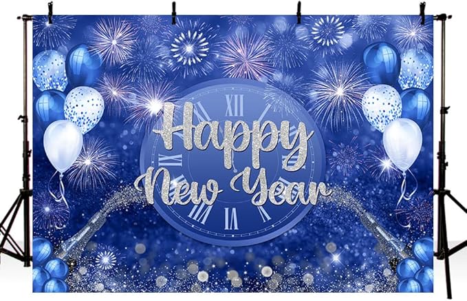 MEHOFOND Happy New Year Backdrop Blue 2026 New Year Eve Party Decorations Banner Supplies Shining Champagne Balloons Firework Photography Background New Years Eve Photo Studio Props 7x5ft