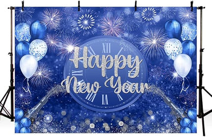 MEHOFOND Happy New Year Backdrop Blue 2026 New Year Eve Party Decorations Banner Supplies Shining Champagne Balloons Firework Photography Background New Years Eve Photo Studio Props 7x5ft