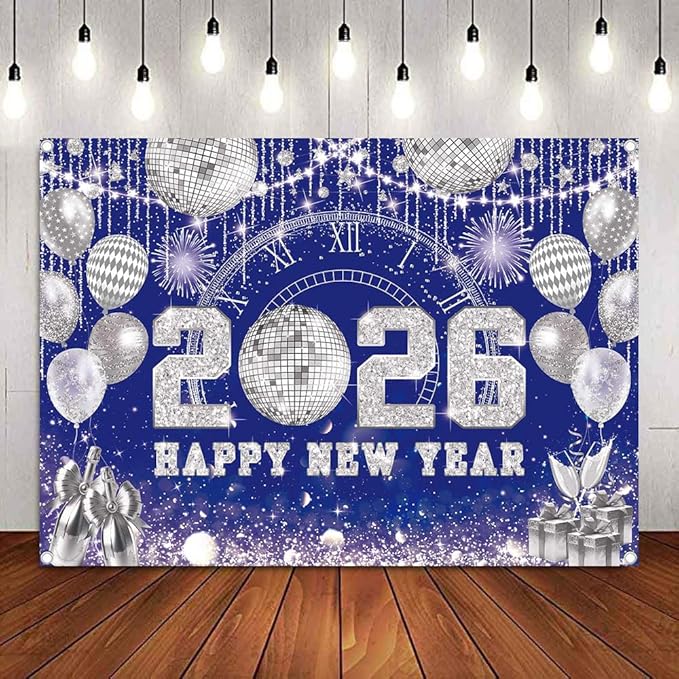 Happy New Year 2026 Black Gold Backdrop 2026 New Year Eve Countdown Photo Background Cheer to 2026 Party Decoration Banner Photo Supplies (Blue, 94x70inch(8x6FT))