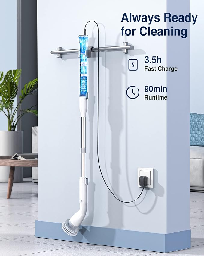 LABIGO Electric Spin Scrubber, Cordless Cleaning Brush Scrubber with 4 Replaceable Brush Heads and Adjustable Extension Handle, IPX7 Waterproof Power Cleaning Brush for Bathroom Tub Floor Tile Shower